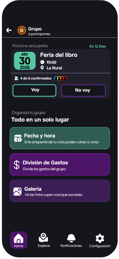 Pantalla de organización de un grupo en Quórum